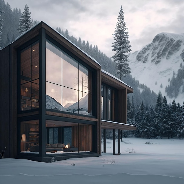 A luxurious minimalist home with large windows wood and a winter mountainous backdrop covered in snow