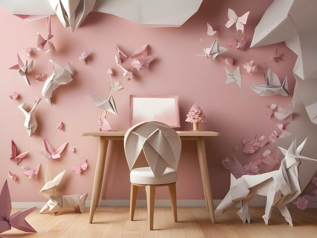 Luxurious minimalist modern room workplace interior with origami style crafts and designs