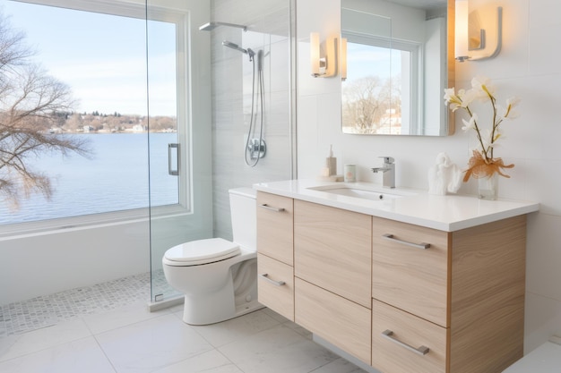 Luxurious modern bathroom with new fixtures tiles and floortoceiling windows