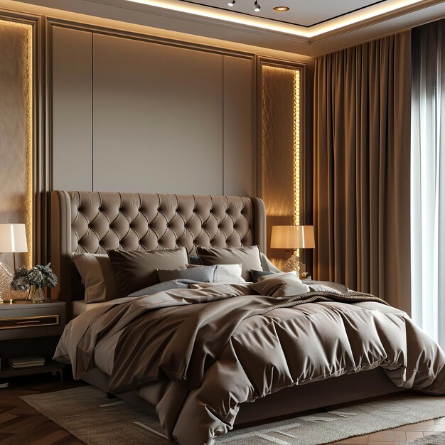 Photo luxurious modern bedroom with sophisticated design realistic setting