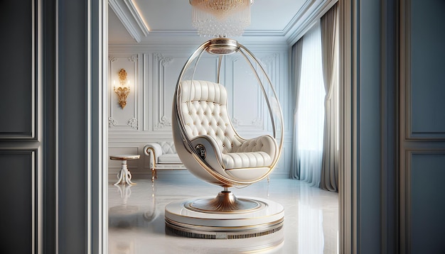 Photo luxurious modern egg shaped chair with tufted white leather upholstery in a grand elegant interior showcasing opulence and sophisticated design