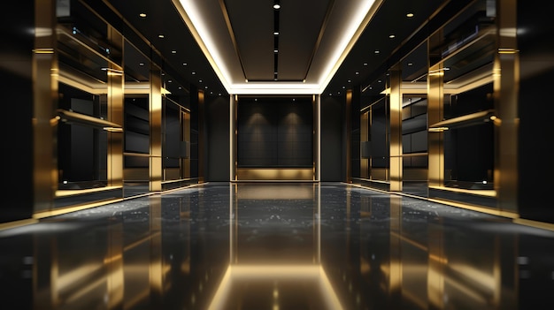 Luxurious modern hallway with golden lights An elegant and modern corridor with a sleek design featuring luxurious gold lighting and reflections