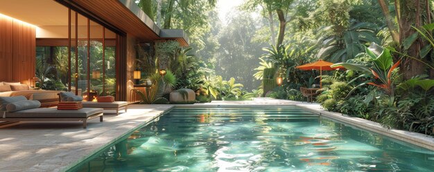 Photo luxurious modern house with outdoor pool in tropical forest setting surrounded by lush greenery and natural light