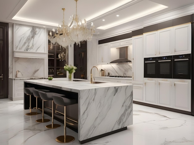 Luxurious Modern Kitchen Detailed Space with Marble Countertops Generative AI