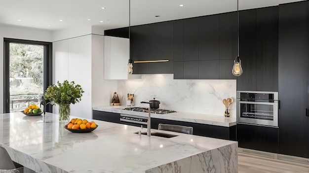 Luxurious modern kitchen with elegant minimalist design and high quality finishes integrated