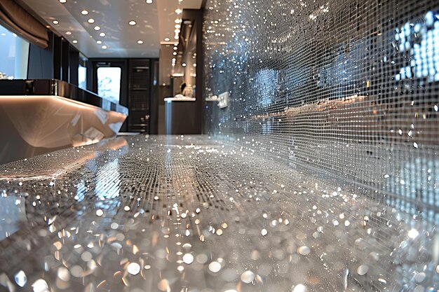 Luxurious Modern Kitchen with Glittering Silver Tiles and LED Lights