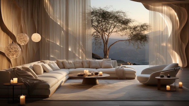 Luxurious modern living room at dusk with nature view