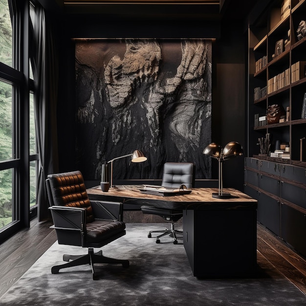 luxurious modern office room interior dark theme