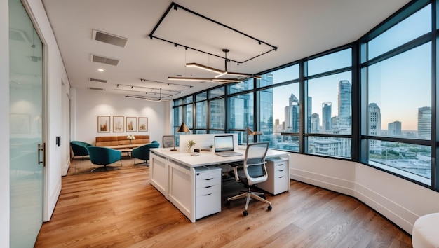 Luxurious modern office with cityscape view perfect for professional corporate use