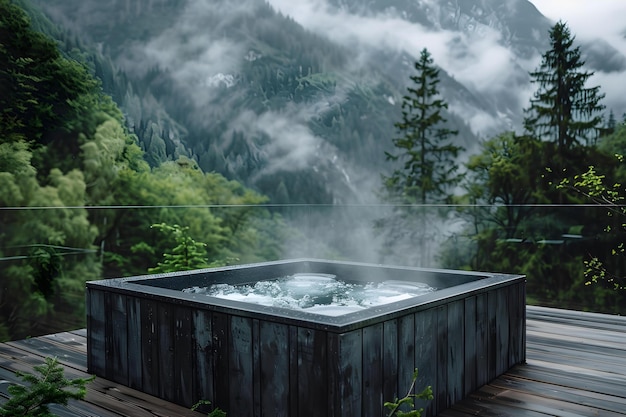 Luxurious mountain getaway boasts a scenic mountaintop jacuzzi with aweinspiring forest views Concept Mountain Retreat Scenic Jacuzzi Luxurious Getaway Forest Views AweInspiring Experience