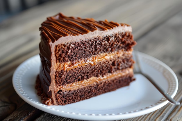 Luxurious multilayer chocolate cake with silky caramel filling and chocolate frosting on a serving plate