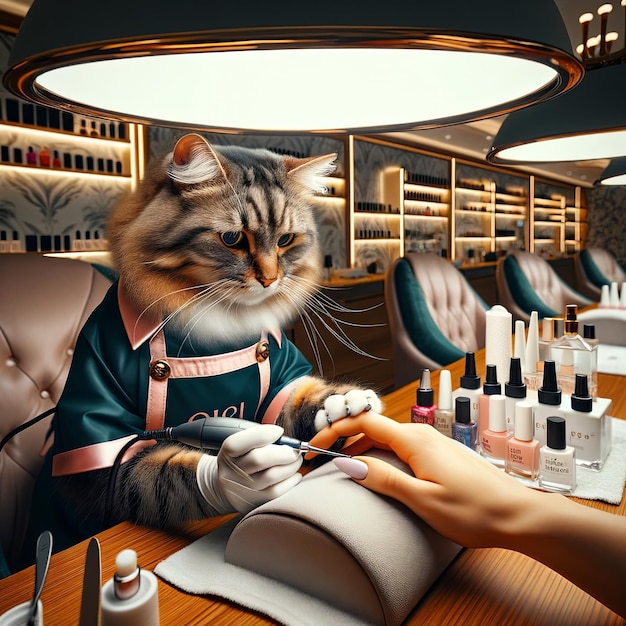 Luxurious nail salon were a cat performing a manicure Cute cat image