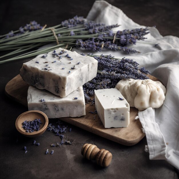 Luxurious natural soap bars with lavender cotton and patchouli flat lay arrangement on stone back