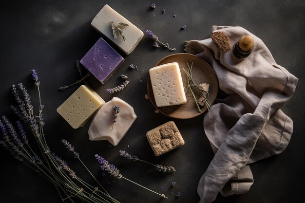 Luxurious natural soap bars with lavender cotton and patchouli flat lay arrangement on stone back