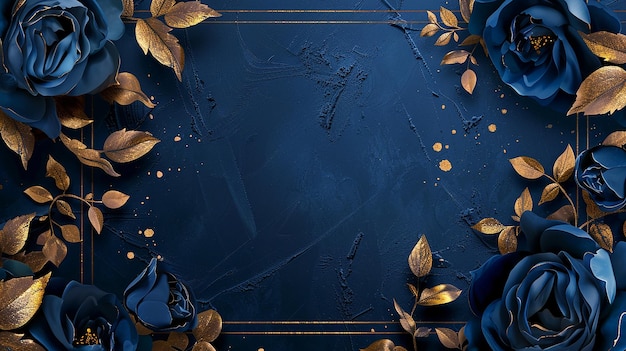 Luxurious Navy Blue and Gold Wedding Invitation with Peony Roses and Golden Leaves