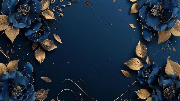 Photo luxurious navy blue and gold wedding invitation with peony roses and golden leaves