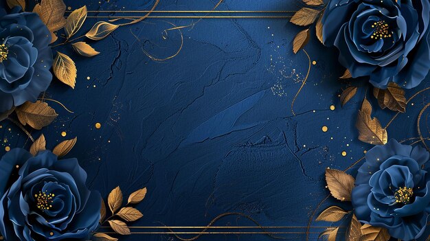 Luxurious Navy Blue and Gold Wedding Invitation with Peony Roses and Golden Leaves