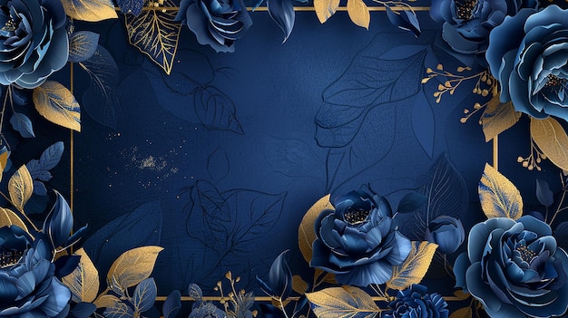 Photo luxurious navy blue and gold wedding invitation with peony roses and golden leaves