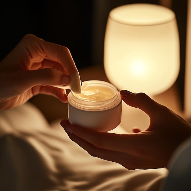 A luxurious night cream being applied to the face before bed with a soft glow from a bedside lamp