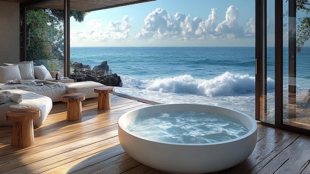 Photo luxurious oceanfront room with hot tub generative ai