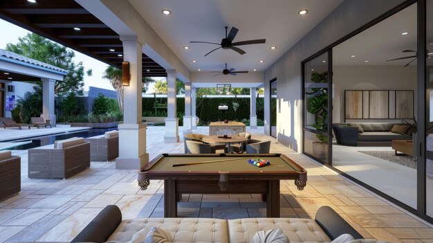 A luxurious outdoor patio features a pool table modern seating arrangements ceiling fans and an inviting ambiance with green surroundings and comfortable lounging spaces