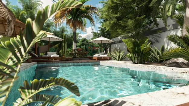 A luxurious outdoor pool surrounded by lush greenery and sun loungers basking in the bright sunlight