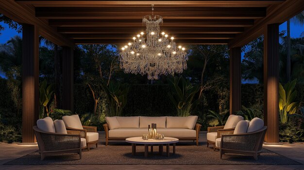 Photo luxurious outdoor seating area illuminated by a grand chandelier under a starry night sky