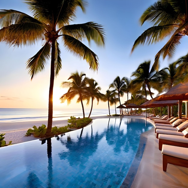 LUXURIOUS OUTDOOR SWIMMING PICTURE WITH SEA OCEAN AT A HOTEL RESORT WITH COCONUT Palm AND WHITE