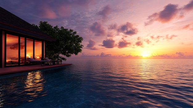 Photo a luxurious overwater villa with a private pool showcasing stunning sunset views over the ocea