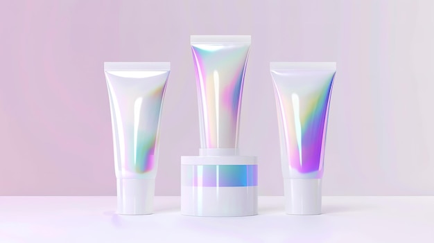 Luxurious pastel pink holographic cosmetic tubes for cosmetic branding ideal for presenting skincare products