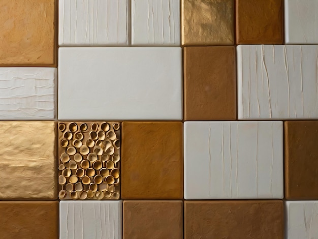 A luxurious pattern of glossy gold and white tiles