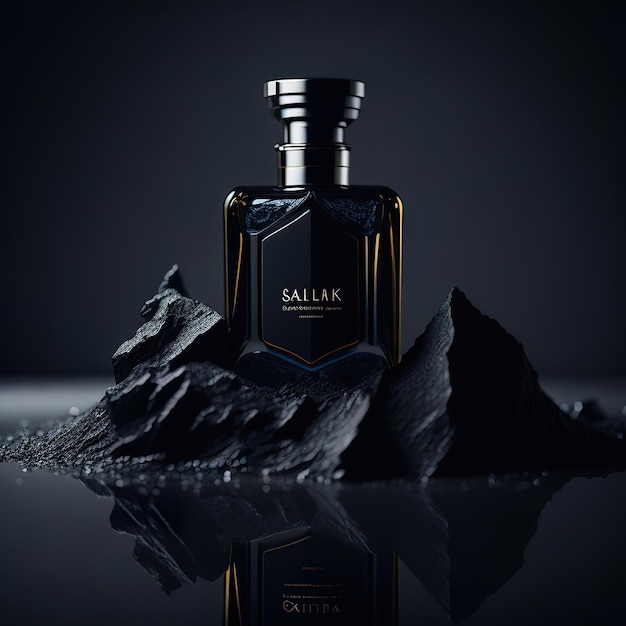 Luxurious perfume bottle with black details on a dark background