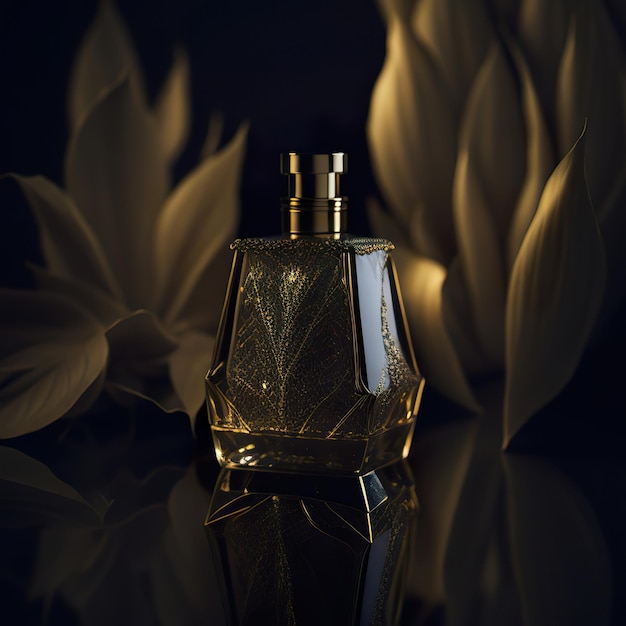 Photo luxurious perfume bottle with golden details on a dark background