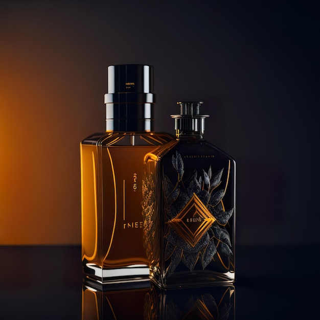 Luxurious perfume bottle with orange details on a dark background