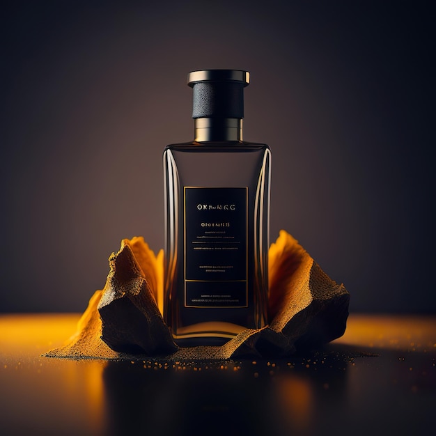 Luxurious perfume bottle with orange details on a dark background