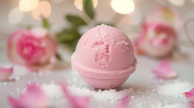 Luxurious Pink Bath Bomb with Rose Petals and Salt Crystals for Spa and Beauty Advertising