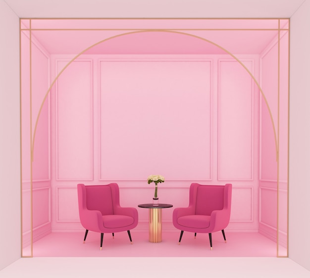 Luxurious pink living room with pink armchairs and light pink wall cornices 3d rendering