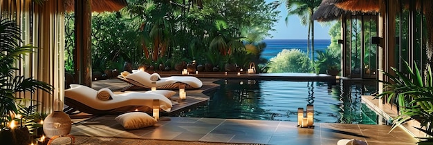 Photo luxurious poolside bliss a summer haven with sparkling blue waters offering serene views and tranquil moments