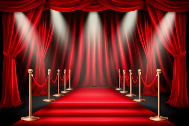 Luxurious premiere atmosphere with red carpet velvet rope barriers curtains and spotlight