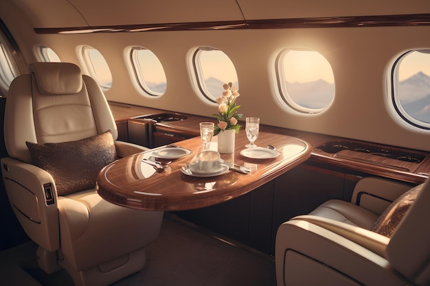 Luxurious private jet interior plush leather seats champagne glasses on a polished wooden table s