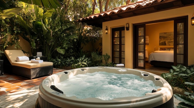 Photo luxurious private villa is featuring a hot tub and sunbed surrounded by tropical plants