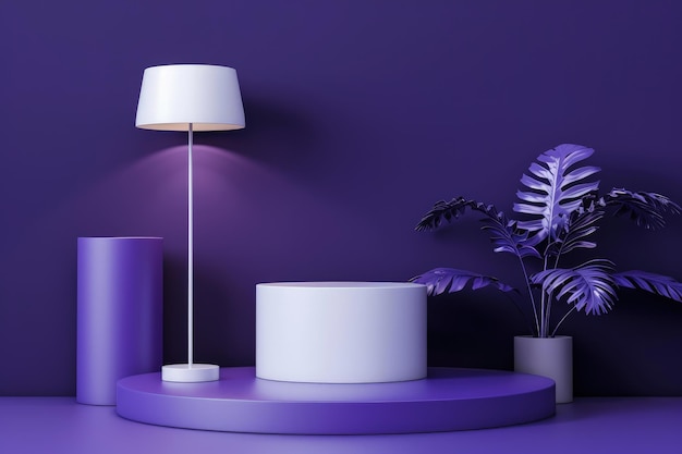 Luxurious Purple and White 3D Cylinder Stands Highlighted by Lamp Realistic Mockup