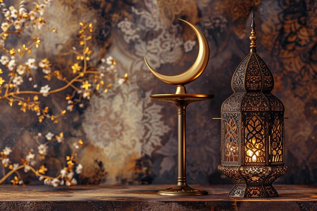 Photo a luxurious ramadan kareem greeting card design featuring a glowing ramadan lantern