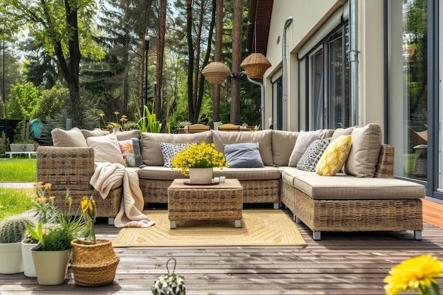 Luxurious rattan outdoor furniture set on wooden deck in sunlit garden conceptual design