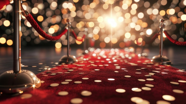 A luxurious red carpet entrance with velvet ropes