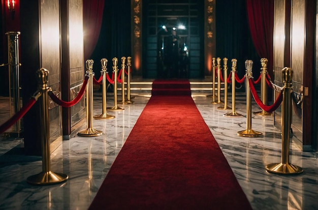 Luxurious Red Carpeted Hallway With Gold Barriers Generative AI