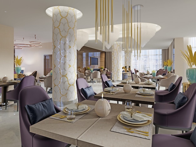 The luxurious restaurant in the hotel has a modern interior design, soft armchairs and served tables. 3d rendering