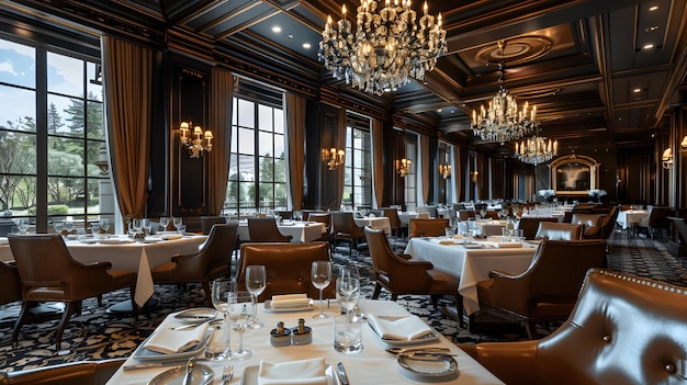 Photo a luxurious restaurant with elegant table settings leather chairs and large chandeliers creating an