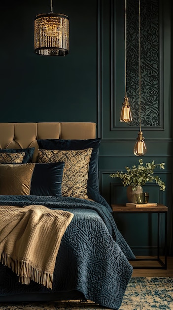 Photo a luxurious retreat dark green walls golden accents and soft textures create a serene and sophisticated bedroom