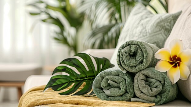 Luxurious Rolled Towels Elegant Flower and Lush Monstera Leaf Arrangement on Stylish Couch